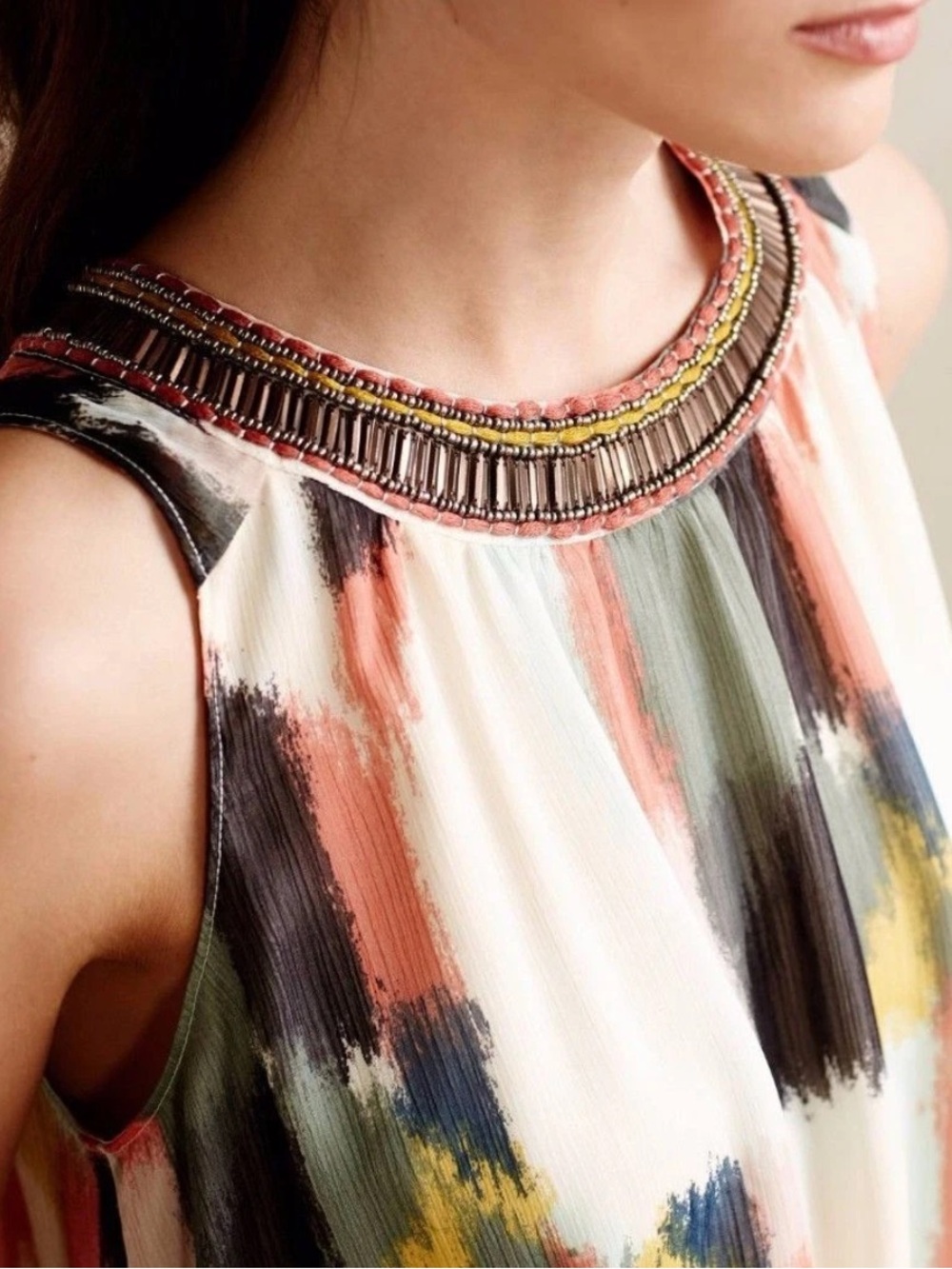 Anthropologie HD in Paris Beaded Brushstroke Chiffon Swing Shift Dress Size 6 - Picture 5 of 13